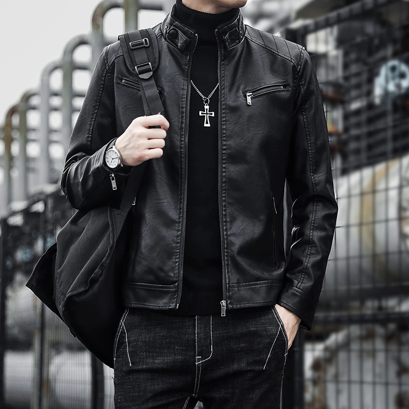 New top, leather jacket, men's PU leather jacket, autumn and winter Korean version, trendy stand up collar motorcycle suit, work