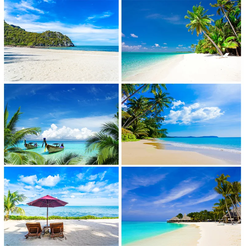 

Tropical Beach Natural Landscape Photography Backdrops Landscape Blue Sky Sea Palm trees Summer Vacation Photo Background ST-02