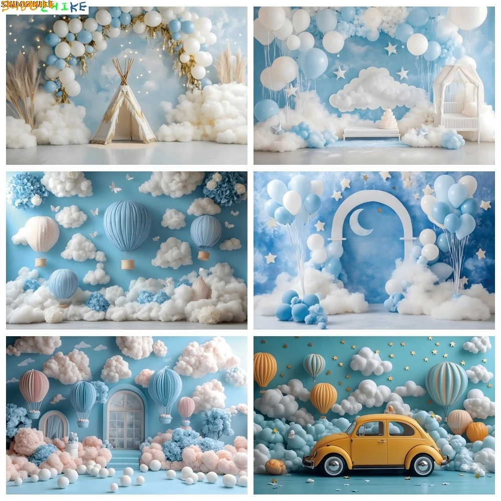 

Newborn Baby First Birthday Backdrop Photography Hot Air Balloons Blue Wall Boy Birthday Party Decor Background Photobooth Props