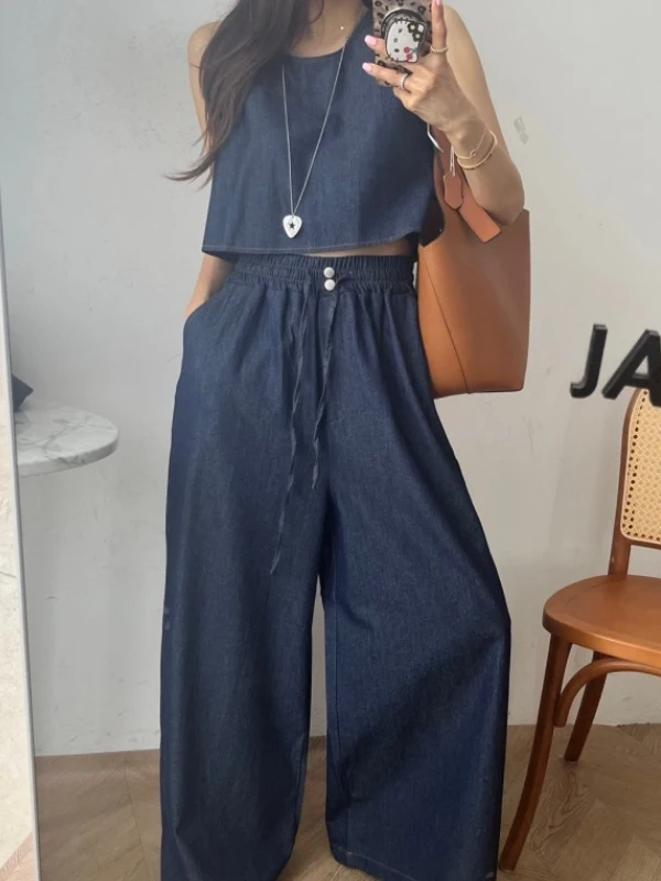 

Женский жилет ort Svel, топ с боковыми разрезами, свободные широкие брюки с высокой талией, комплект из хлопка, летний модный наряд