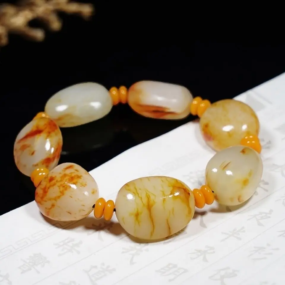 Natural Xinjiang Hetian Jade Bracelet Irregular Single Circle Large Beads Unisex High-end Jewelry Gift