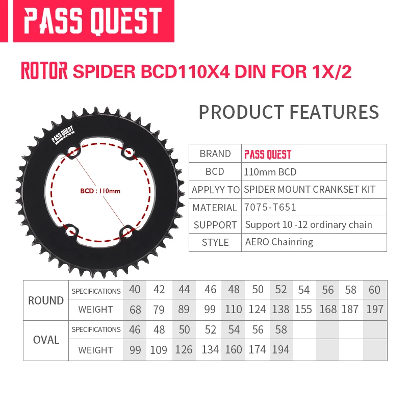 PASS QUEST-Aero Crankset, Narrow Wide Chainring, Round Road Black Chinwheel, 40T-60T, 9-12 Speed Rotor, BCD110