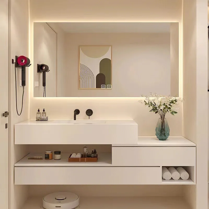 

Тумба для ванной с двойной раковиной 60 дюймов, современная минималистичная, с бесшовной интегрированной раковиной для мытья рук, комбинация из массива дерева