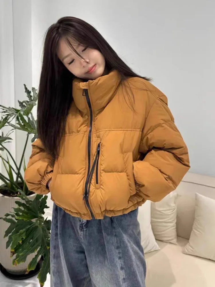 Newest Stand Collar Zipper Fashion Casual Warm White Duck Down Bubble Loose Coat Short Fluffy Puffer Down Jacket Women 2025