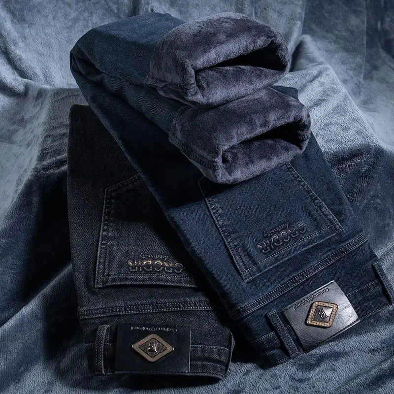 

Autumn Winter New High Elasticity Men's Business Jeans Haze Blue Black Gray Denim Trousers Men's Pants Work Clothes Brand