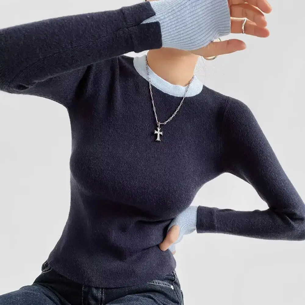 Herfst trui met ronde hals en contrasterende kleur Dames gesplitste trui met extra lange mouwen