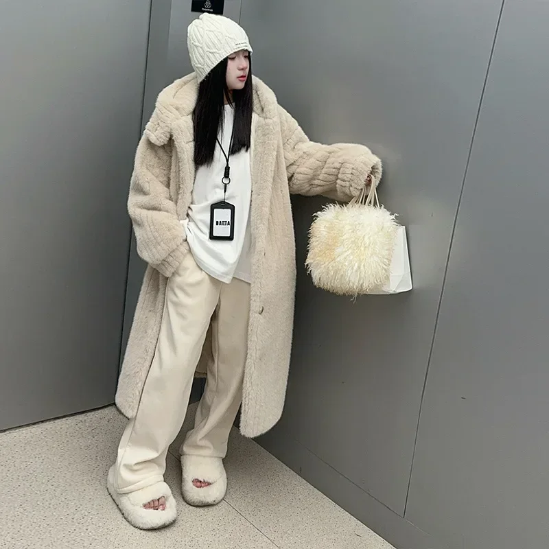 Girls' 2024 autumn and winter eco-friendly fur hooded coat winter mink fur plush fur one-piece coat, long and stylish