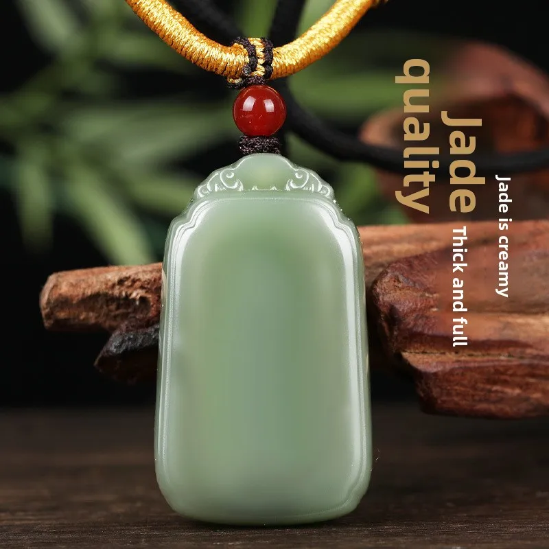 Natural Light Green Hetian Jade Peace Pendant Chinese Good Lucky Fortune Amulet For Women Men Adjustable Rope Jade Jewelry Gift