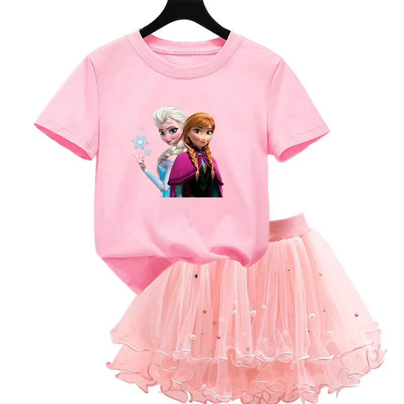 Frozen Anna Elsa Girls Dress T-shirt Tutu Skirt 2pc/Set Summer Ballet Dance Tulle Princess Dresses Suit Birthday Party Costume