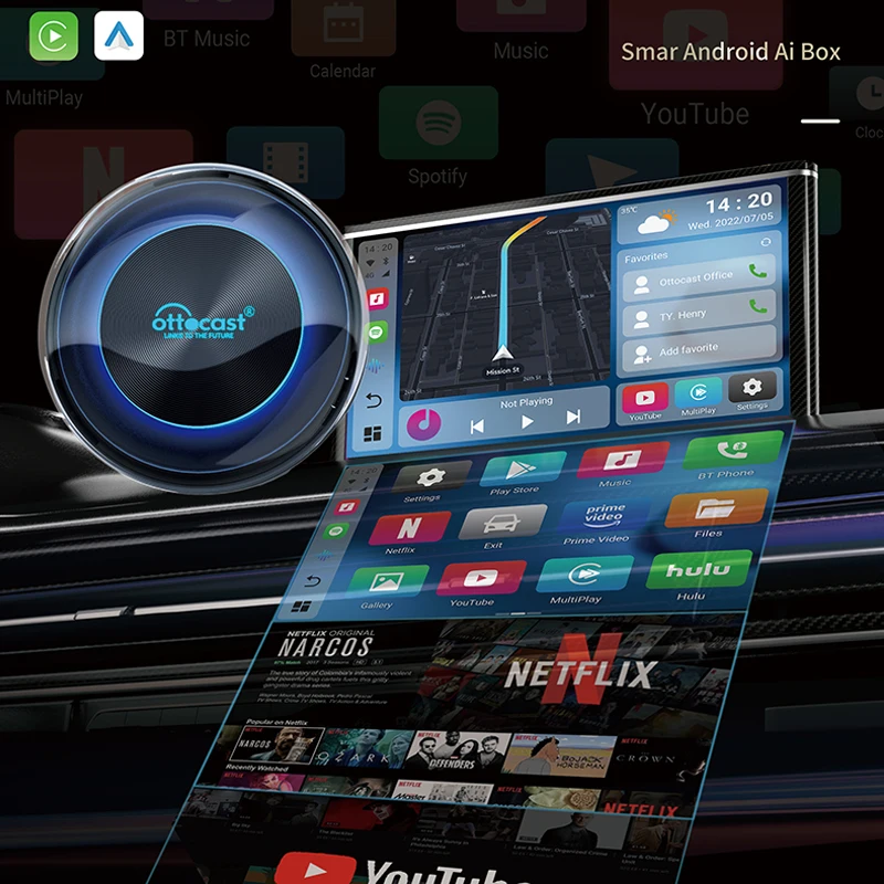 OTTOCAST PICASOU 2 CarPlay AI Box لاسلكي أندرويد أوتو HDMI محول الوسائط المتعددة محول الفيديو لعبة جوجل أندرويد التلفزيون عصا