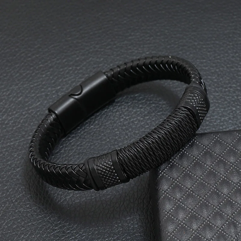 Trendy Leather Bracelet Homme Punk Men Bangle Gift For Husband Hiphop Rock Charm Braclet Pulsera Hombre Mirco Magentic Brazalete