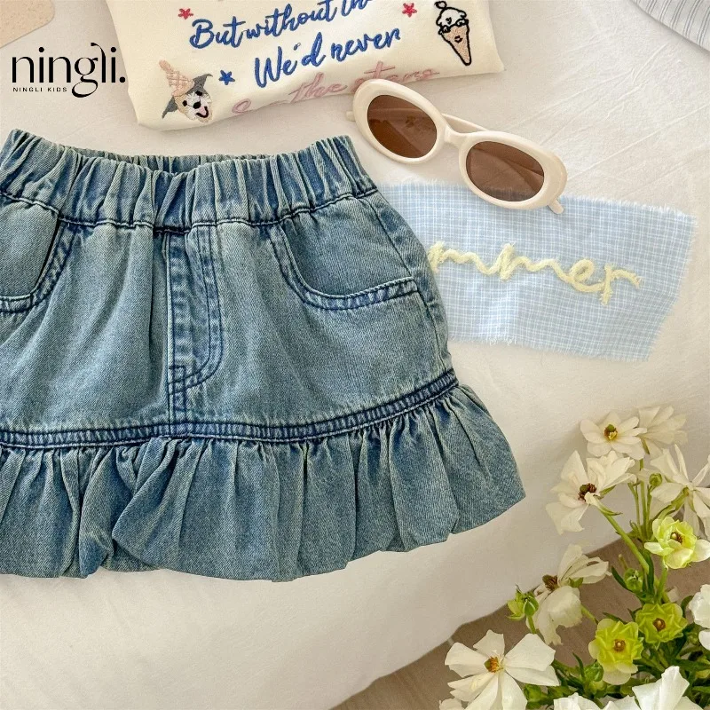 2026 New Summer Half Body Denim Skirt for Girls Baby Short Skirt with Ruffles Mini Bodycon Dress Fish Tail Style