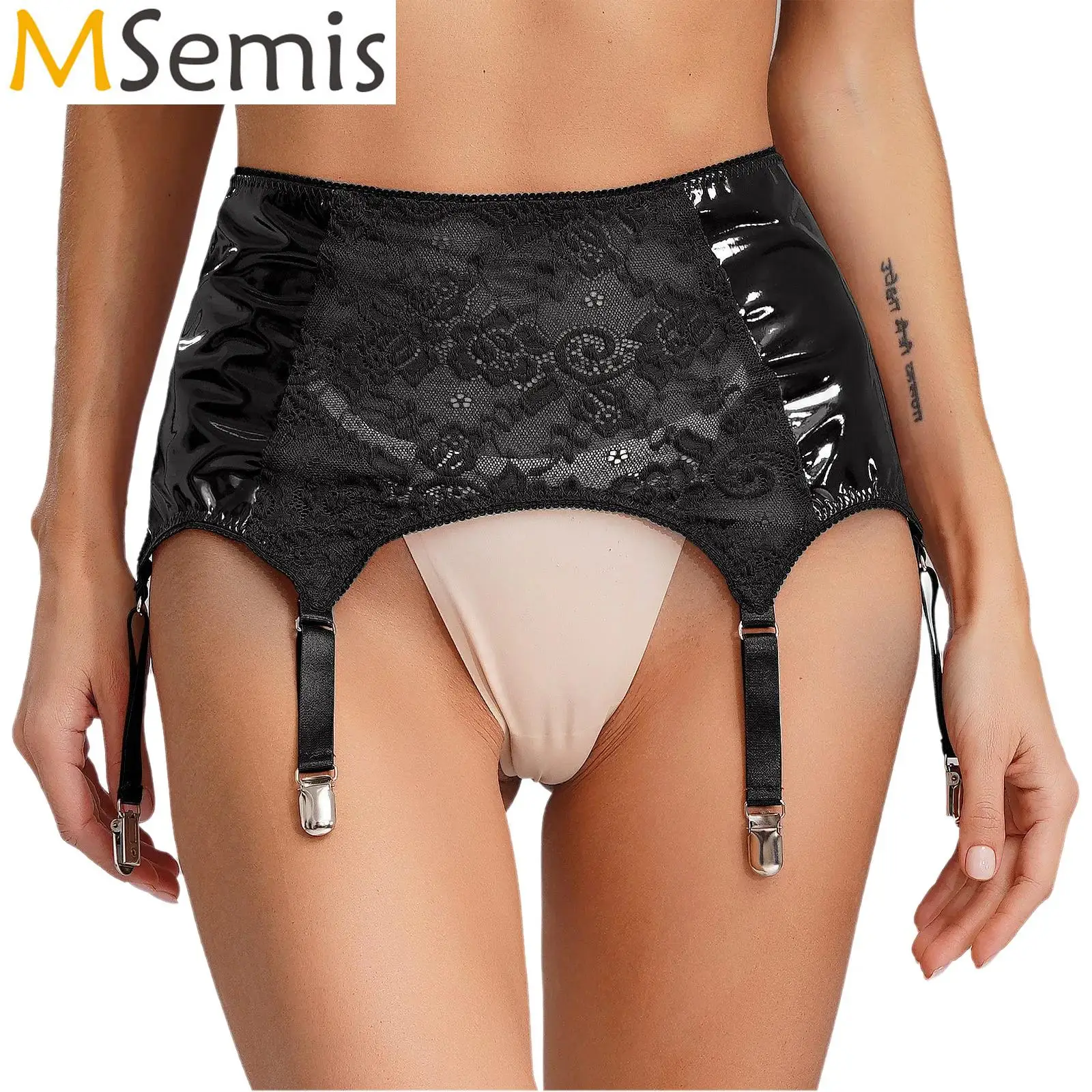 

Lingerie Womens Flower Lace Thigh High Stockings Garter Belt PU Leather Sexy Suspender Garter Belt with 6 Metal Clips Garter