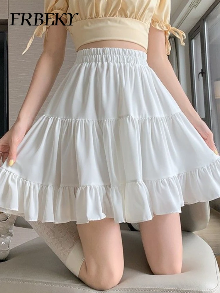 Summer New White Chiffon Skirt High Waist A-line Thin Ruffled Pleated Half-body Skirt Korean Fashion Streetwear Skirts for Women