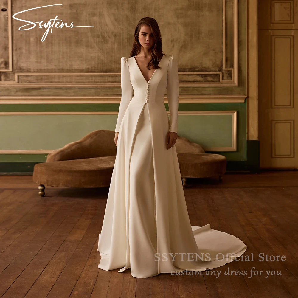 

SSYTENS Customized Wedding Dresses For Women 2 in 1 Bride Dress Sets Elegant V Neck Charming Civil Bridal Gown Vestidos De Novia