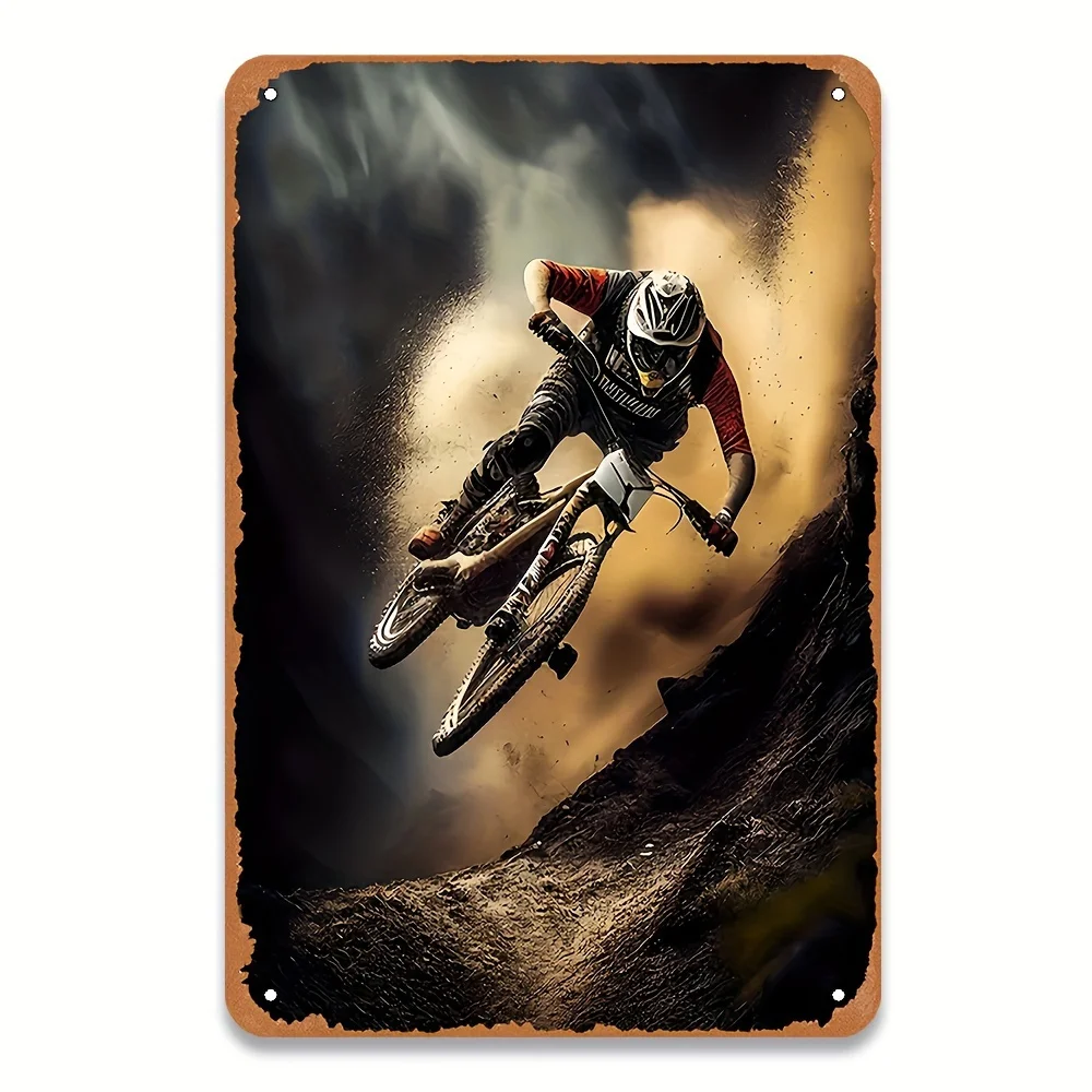 Dynamic Mountain Biker Metal Wall Art,  - Vintage Style Tin Sign with Pre-Drilled Holes, Durable Iron Decor for Cafes, Garages,