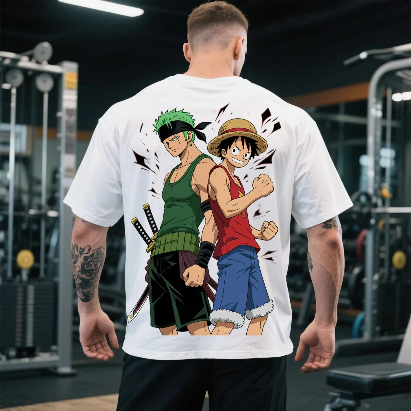 

Новая летняя мужская и женская футболка из чистого хлопка с круглым вырезом и короткими рукавами с анимацией «ONE PIECE: Zorro и Big Shiqi» Harajuku