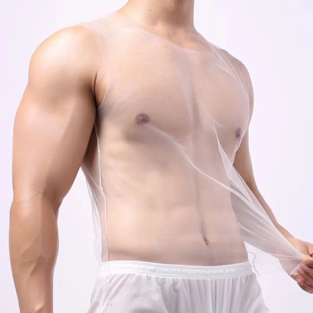 Mens Sheer Mesh Vest Transparent Ultra Thin Sleeveless Undershirt Sexy Breathable Slim Fit Comfortable Casual Top Tank