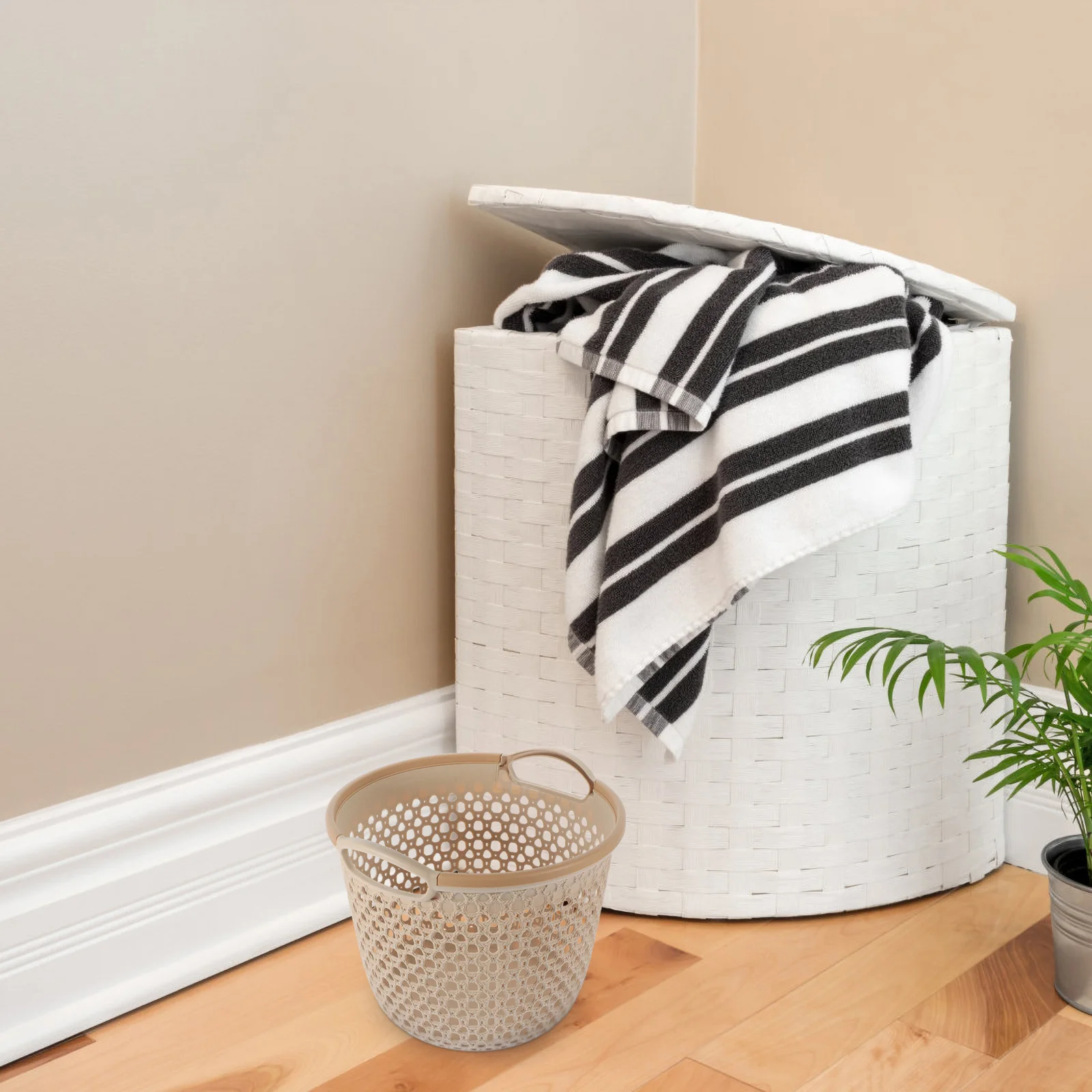 

1pc Waterproof Handle Laundry Basket Hollow Out Design Large Capacity Clothes Storage For Bathroom Bedroom Closet Dorm Plastic