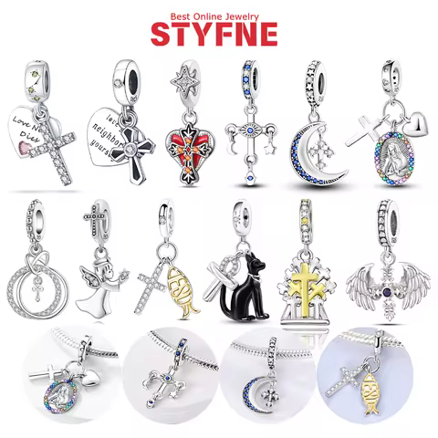 Charms 925 Sterling Silver Original Angel Cross Beaded Love Double-ring Cross Pendant Fit Making Bracelet Women Jewelry Gift Diy