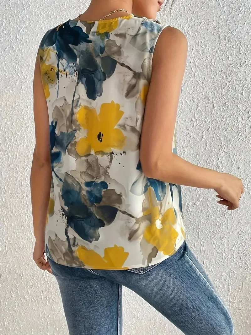 2024 Summer Floral Elegant Women V-Neck Tank Tops Blouse Sleeveless Shirt Women\'s Top Elegant Clothes Loose Women\'s Vest