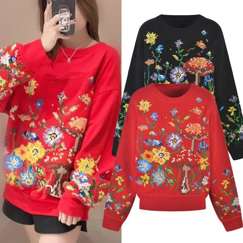 High Quality Round-Neck Long-Sleeved Flower Hand Embroidery Sweater Red Fashion Chic Design Brand Loose Women Pullover 2023 New