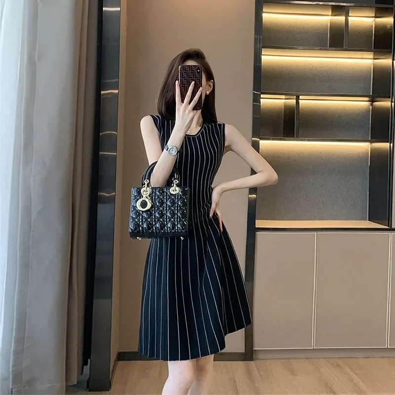 Women\'s Dress Sleeveless Crochet Female Dresses Knitted Beach Holiday Soft Black New in Loose Elegant and Beautiful Vintage Y2k