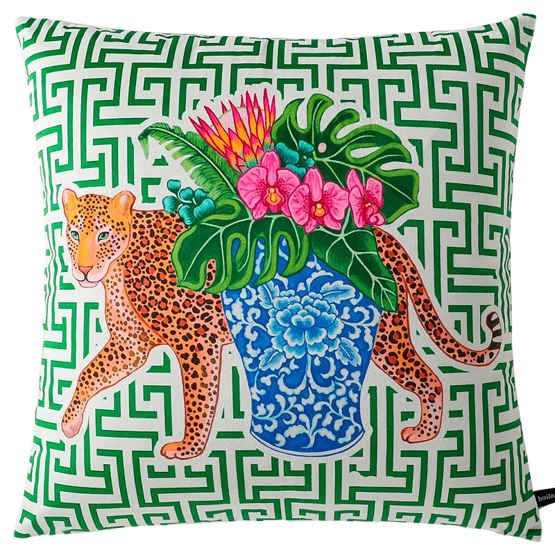 Leopard Pillows Chinese Procleain Cushion Case Green Geometric Print Velvet Decorative Pillow Cover For Sofa 45x45 50x50 60x60
