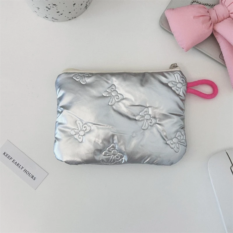 Silver Bow Pattern Coin Purse Women's Earphone Coins Keys Wallet Organizer Zipper Pouch Cosmetic Bag