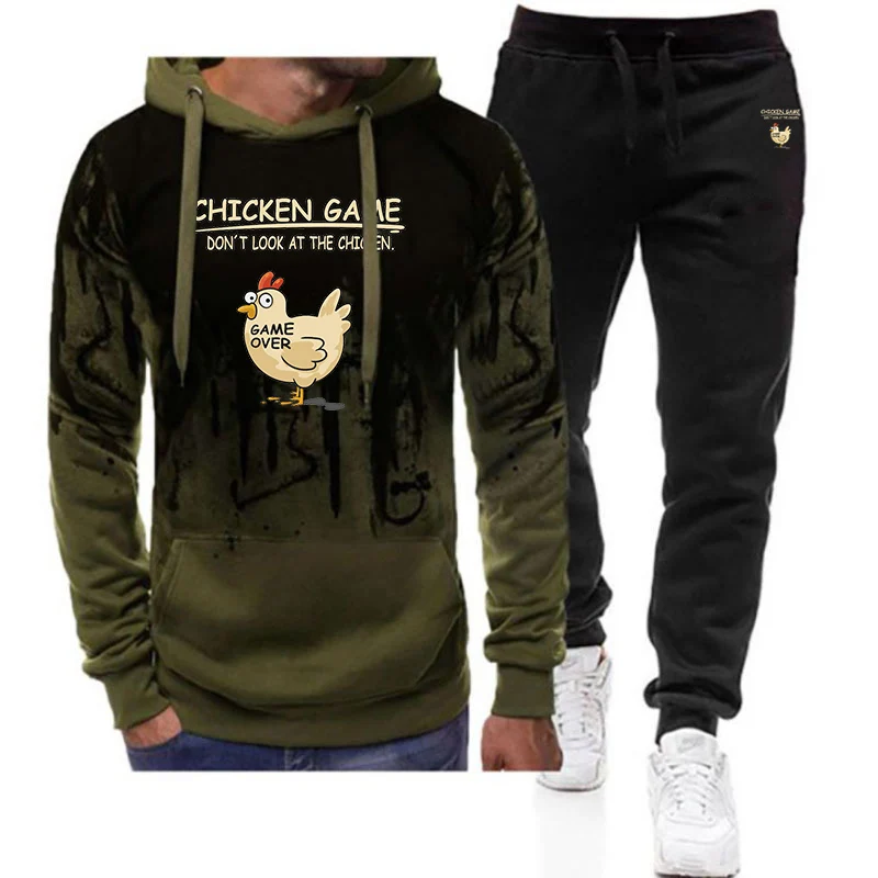 2025 Chicken Game Don't Look At The Chicken Pattern Men's Spring Autumn New Harajuku Gradient Color Hooded+Pants Casual Suit