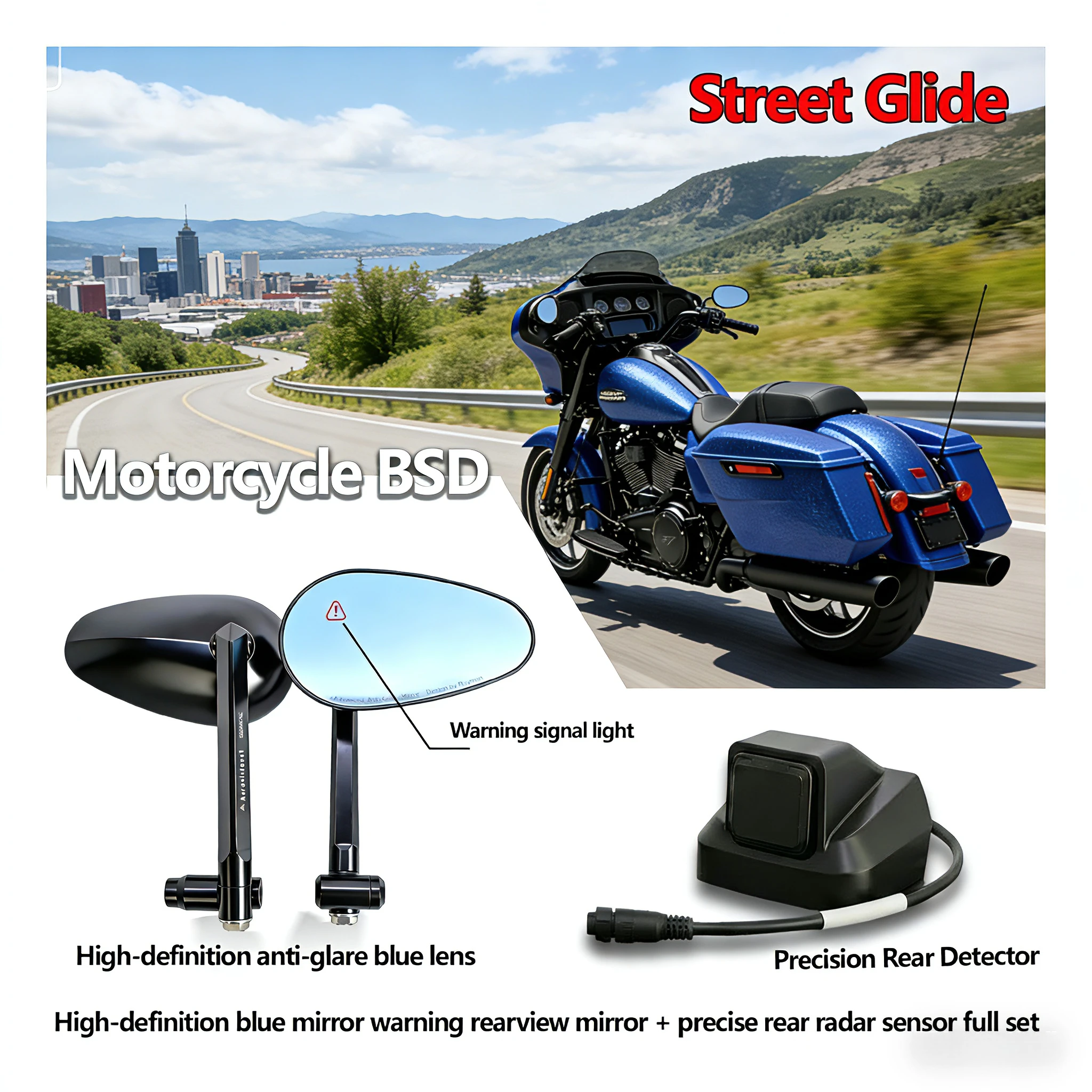 

Зеркало заднего вида HD 2026 с радаром для Harley Street Glide, с антибликовой синей линзой, монитором слепых зон BSD и комплектом прецизионных задних датчиков.