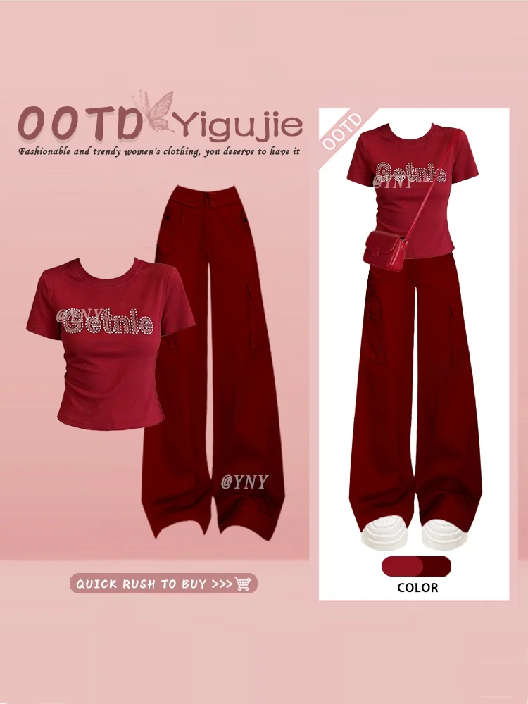 Ankela Red Sweet Spicy Summer round Neck Letter Embedded Diamond Top Wide Leg Casual Pants High Waist Two Piece Set Women