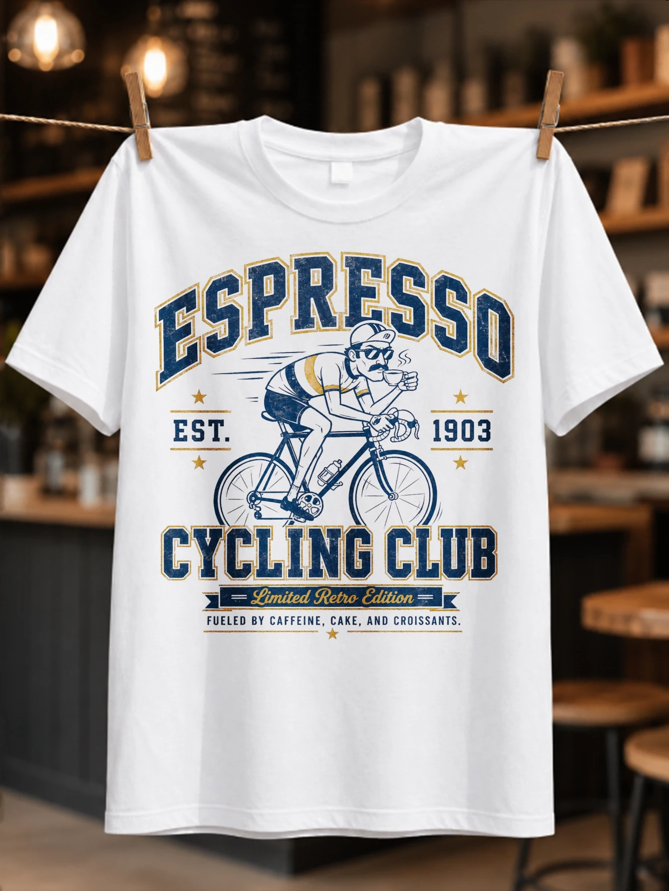 Espresso Cycling Club Est 1903 collegiate navy gold cyclist drinking coffee with bold heritage  Unisex All T-Shirt