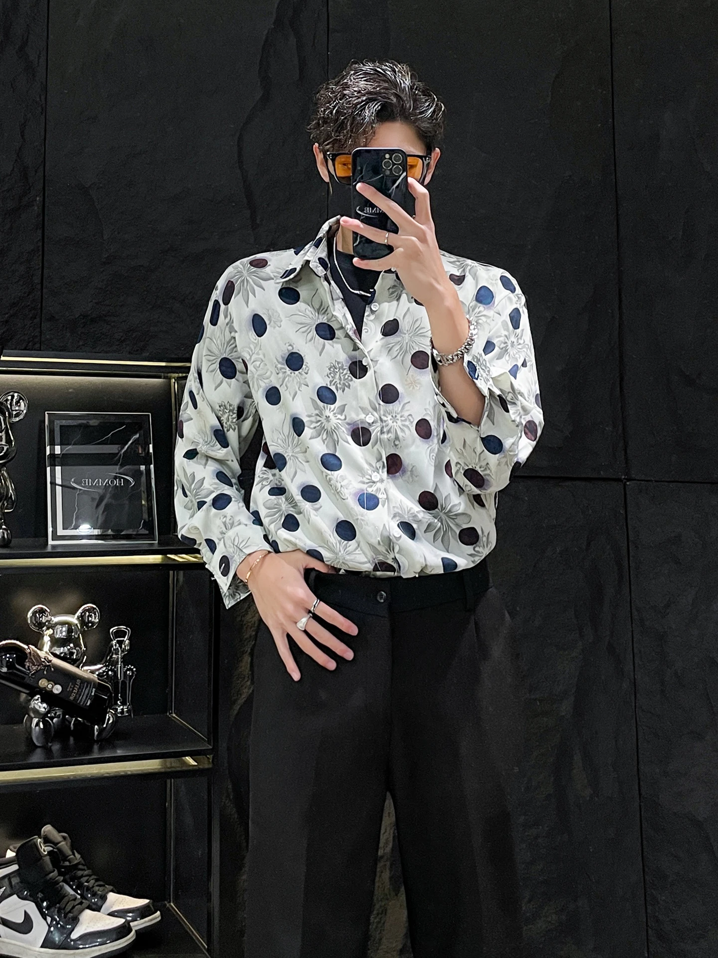 

Ice Silk Long Sve irt для мужчин с принтом в горошек, свободный крой, молодежный Sle, четыре сезона, универсальный повседневный воротник с острым воротником...