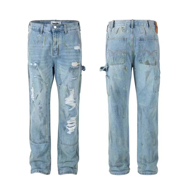 American European New Fashion Men's Washed Blue Loose Wide Leg Hole Patched Casual Trendy Jeans Trousers Male Pants Clothes