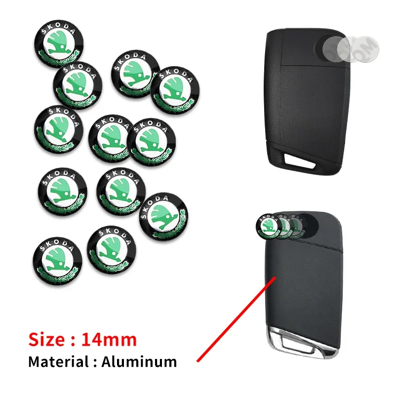 14mm Aluminum Car Key Shell Sticker Badge Decals For Skoda Octavia MK2 MK 2 3 A5 A7 A8 Fabia Karoq Superb Rapid Kamiq Scala