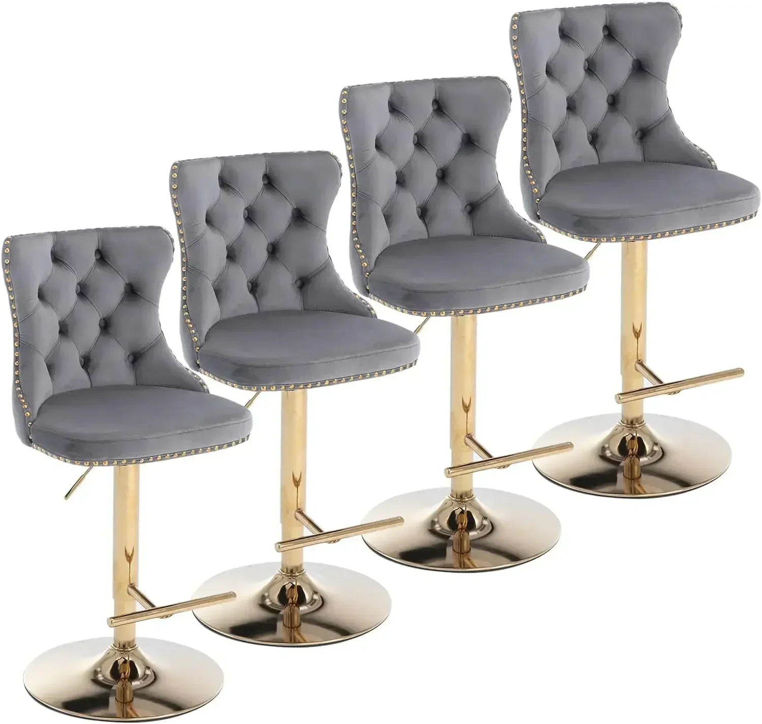 Swivel Bar Stools Set of 4, Adjustable Counter Height Barstools, Velvet Upholstered Bar Chairs, Bar Stools Gray Gold