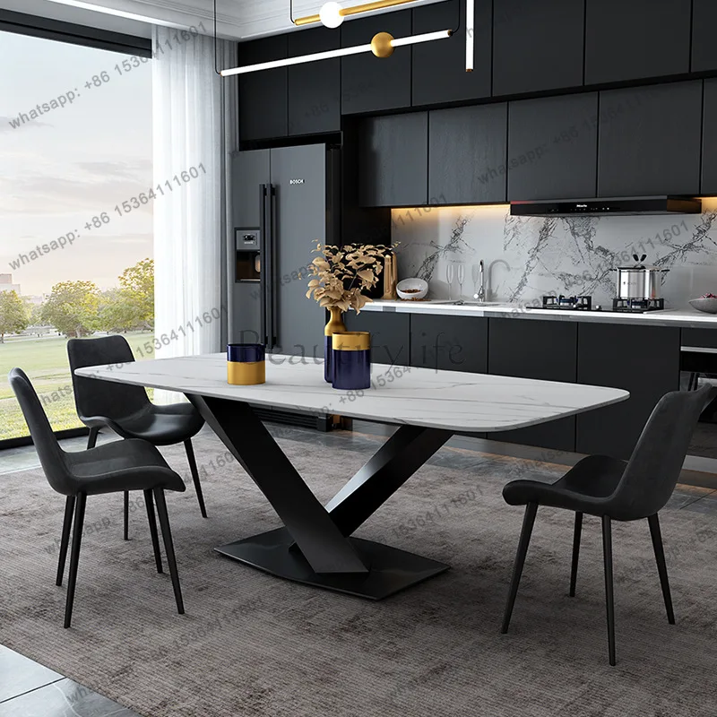 Italian minimalist rock slab dining table rectangular household cross text dining table light luxury