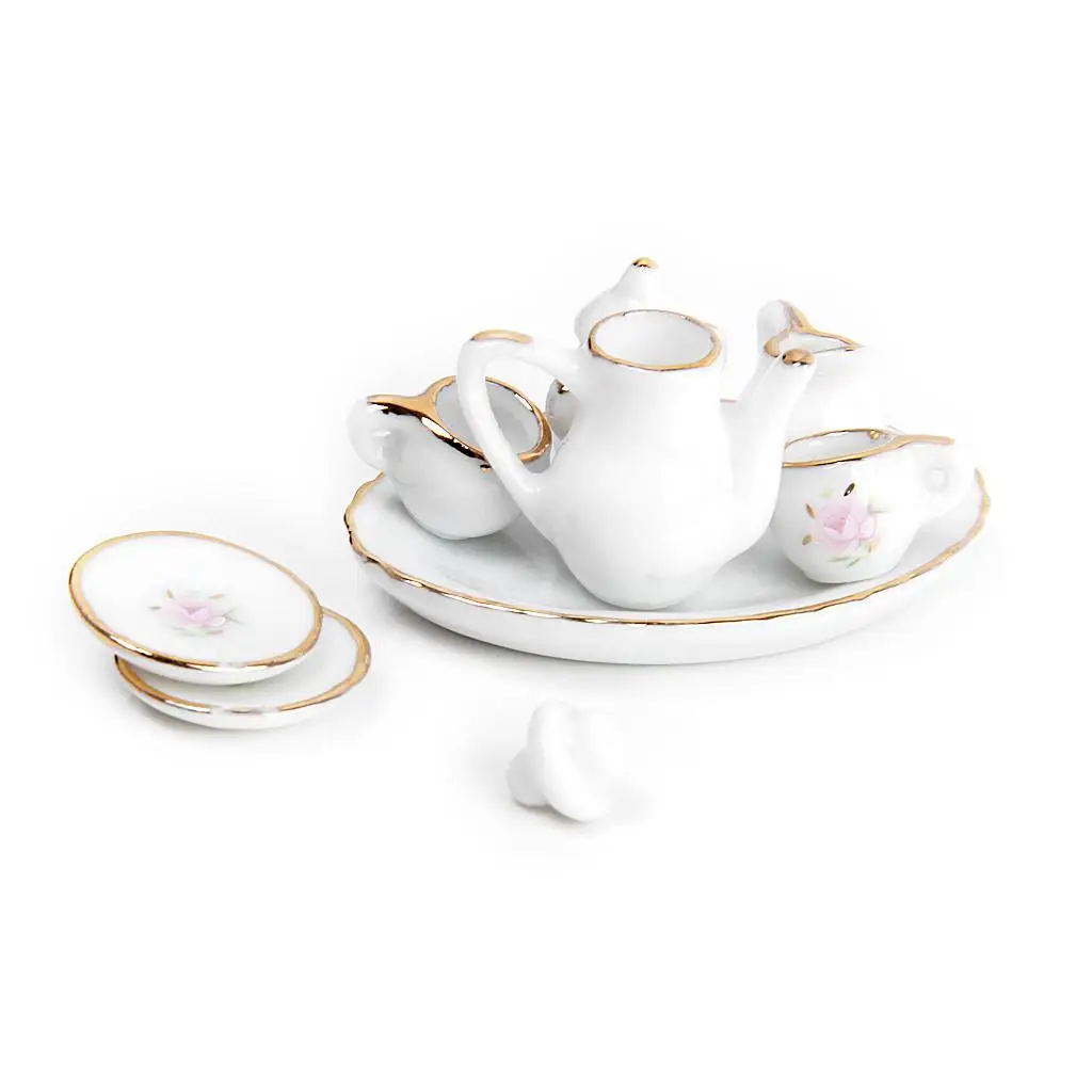 Juego de té de porcelana para casa de muñecas, artículos de comedor en miniatura, plato, taza, plato, decoración Floral para restaurante, cocina, juguetes para juego de imitación, 1/12