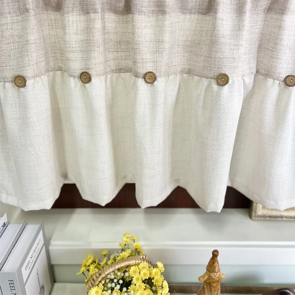Vintage Short Splicing Curtain Cloth Creative DIY Button Design Half Curtain Kitchen Living Room Office Window Treatment Decor