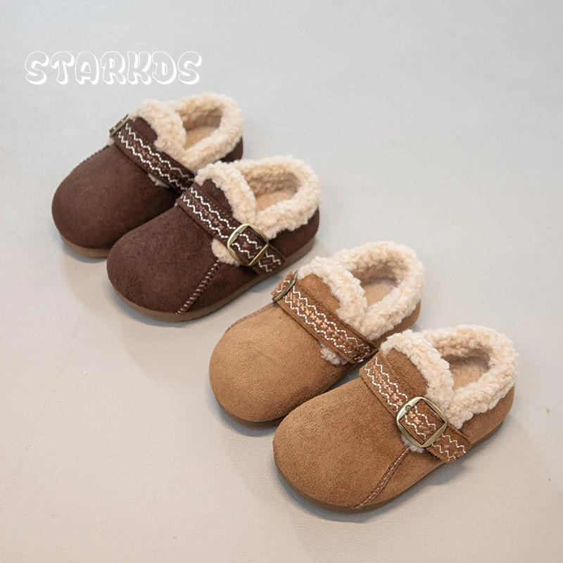 

Brand Design Embroidery Belt Short Boot Kid Girl Winter Warm Teddy Fur Loafes Baby Child Thick Plush Slip-on Outdoor Cotton Shoe