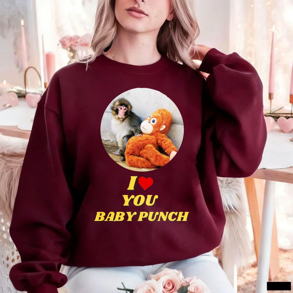 

Свитшот с графическим принтом I Love You Baby Punch, милая толстовка с изображением обезьянки и плюшевым фото, пуловер с сердечками, милый подарок для любителей обезьян для всех