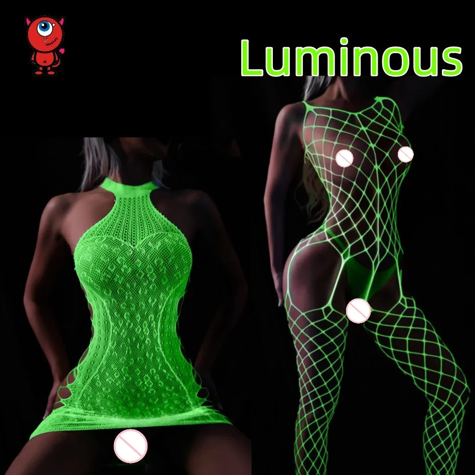 Lencería erótica de malla luminosa para sexo, ropa de red ahuecada transparente, Body de lencería Sexy para vestido de malla, ropa interior Bondage