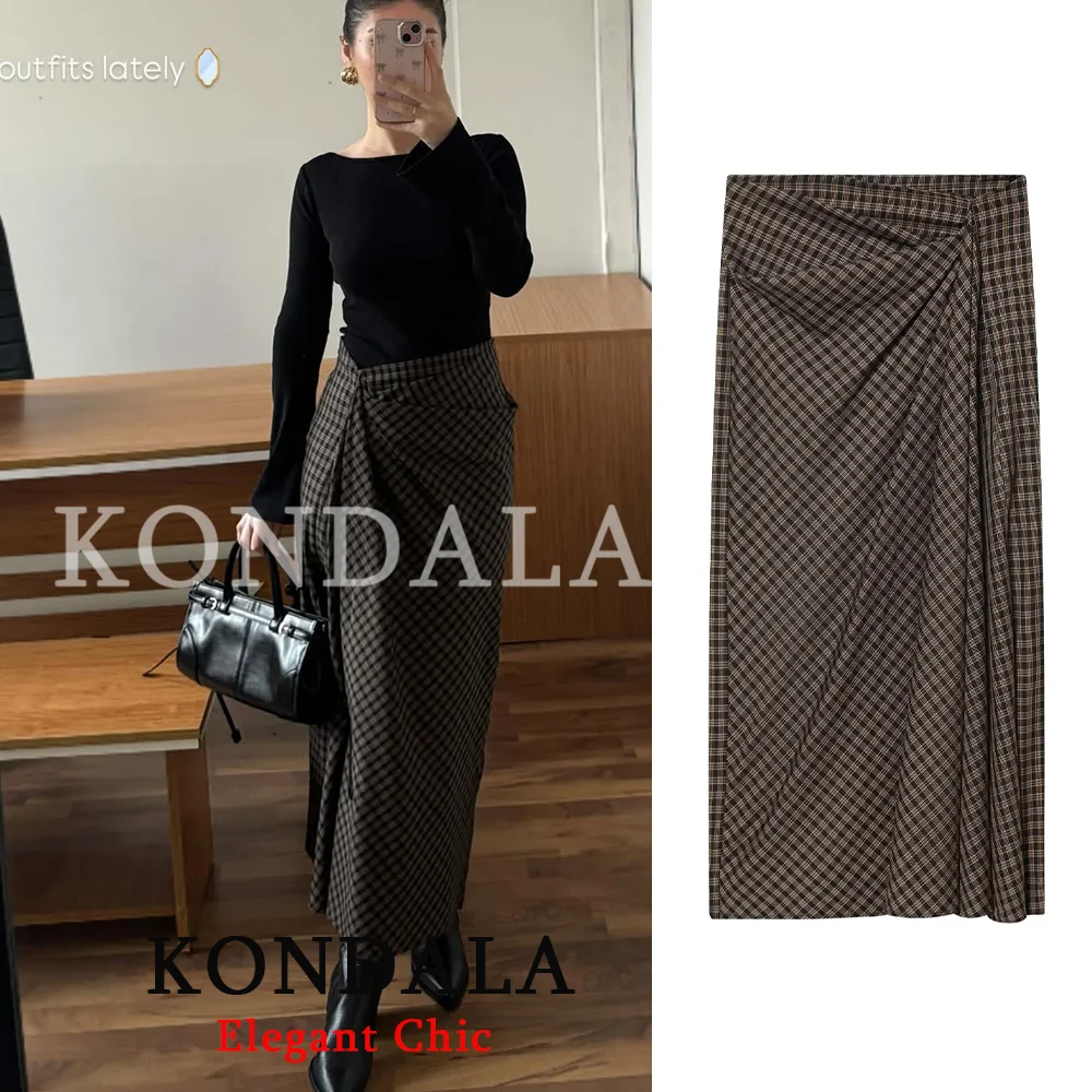 

KONDALA элегантная модная клетчатая плиссированная юбка женская юбка 2026 весна-лето модная офисная женская юбка для вечеринки и ужина