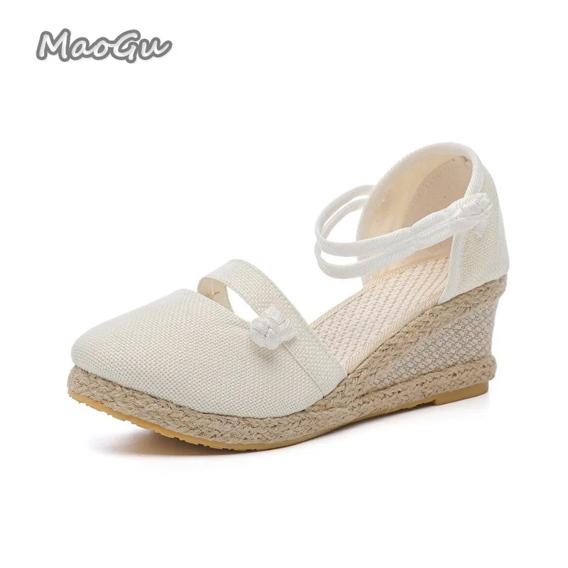 

Женские льняные эспадрильи на танкетке с круглым носком, с ремешком на щиколотке, закрытым носком, легкие летние туфли для отпуска, повседневная женская обувь