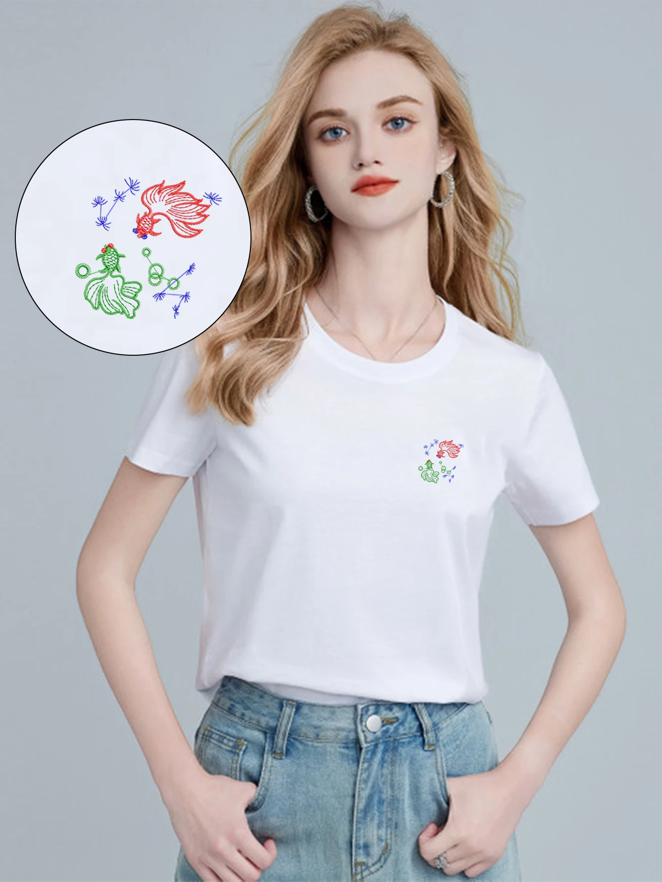 

Tranquil Men & Women Embroidered Two Goldfish T-Shirt – Lightweight Cotton T-Shirts with Delicate Embroidery for Casual Relaxing