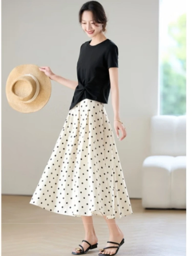 

SENTUBILA Skirt Set 2 Pieces Woman 2025 Summer Casual Pure Cotton Crew Neck Short Sleeve T-shirts Polka Dot Skirts 152ZC2622Z