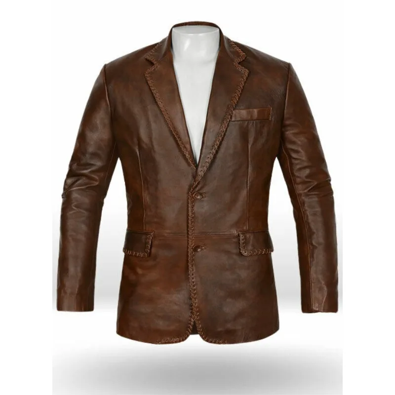 

Men Genuine Lambskin Pure Leather Soft Blazer Jacket TWO BUTTON Urban Brown Coat