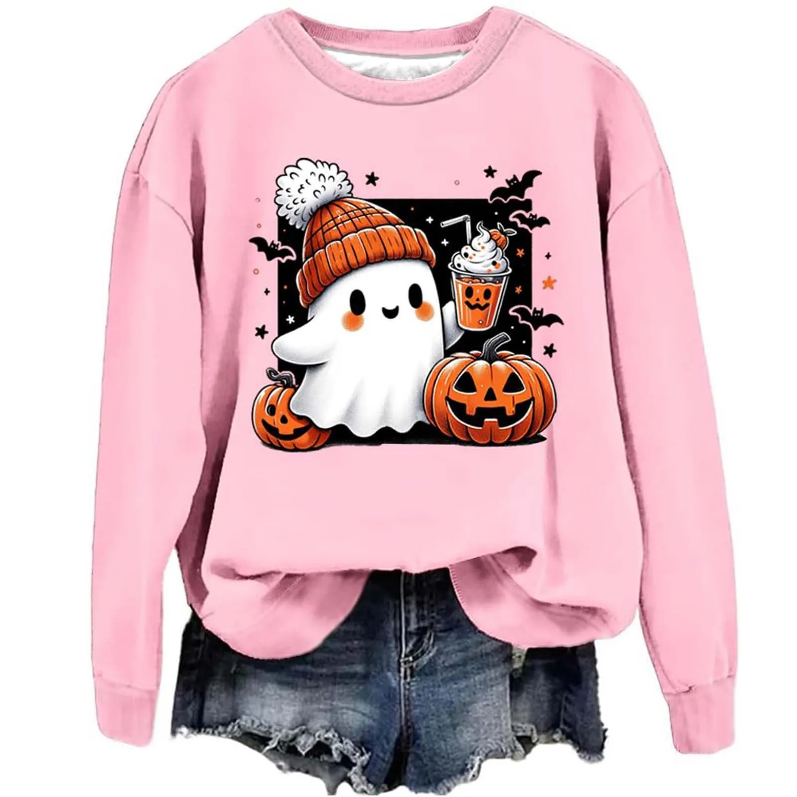 

Halloween Theme Women'S Fashionable Casual O Neck Long Sleeve Hoodless Sweatshirt Cute Cartoon Ghost Pumpkin Bat Print Pullovers