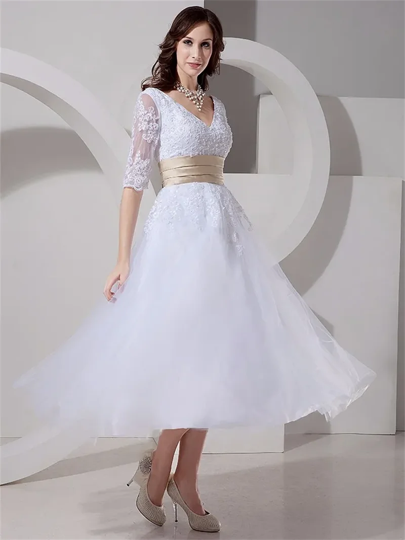 Vestidos de casamento com Meia Manga, Decote V, 1, 2 Manga, Apliques de Renda Branca, Vestidos De Noiva, Vestido A-Line